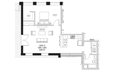 Floor plan for 1 bed, 1 bath